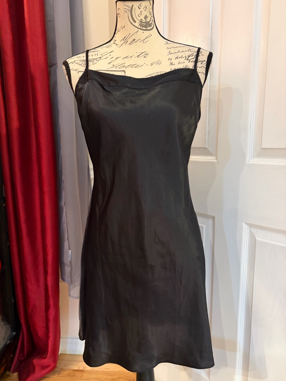 Y2K Cabernet Classic Black Satin Midi Slip Dress with a Textured Chest Trim